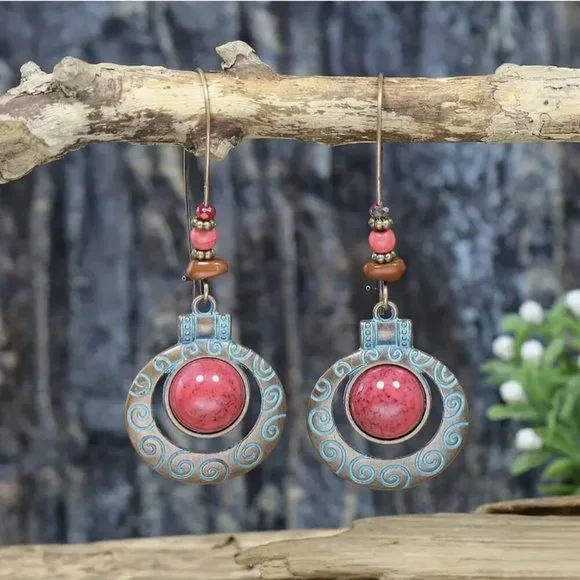 NEW Aberdine Handmade Boho Red and Blue Copper Beaded Drop Earrings - Picture 2 of 5